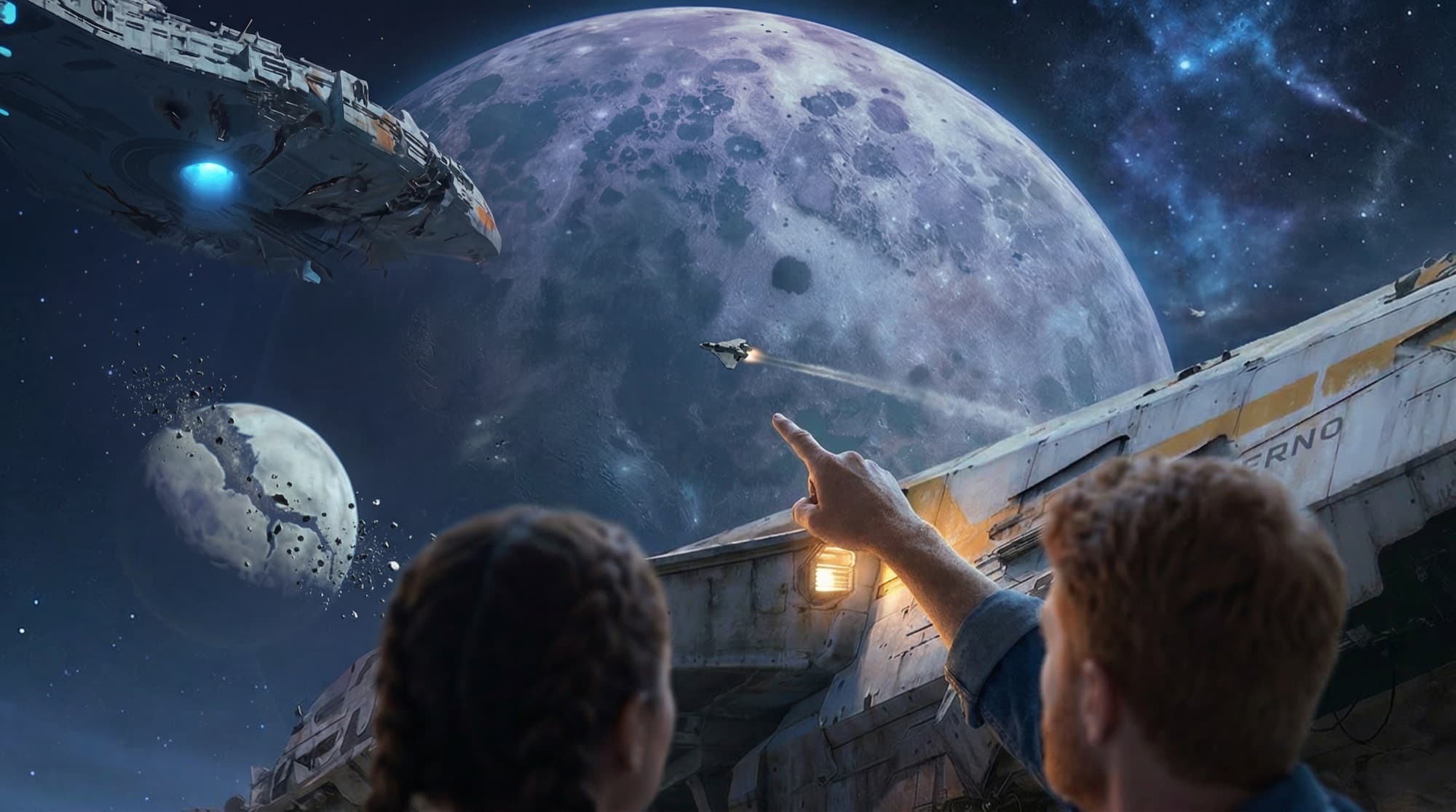 Two guests on the hull of the ship Inferno look up at a vast cratered moon, a capital ship, and a fighter streaking across a starfield.