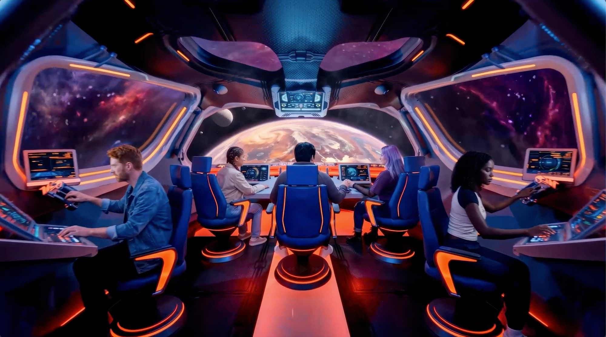 Photoreal jump-ship cockpit: five people at control stations in blue seats with orange accent lighting, large windows onto a planet and nebula.