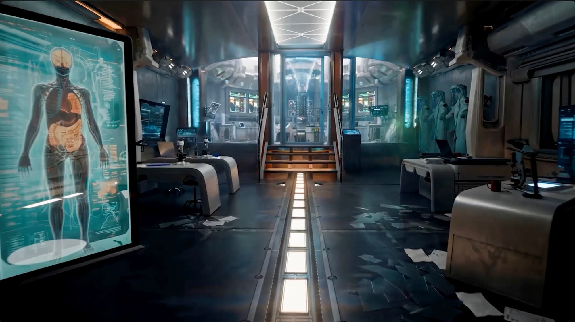 Photoreal lab interior: a large holographic human-anatomy display at left, exam tables and microscopes, a lit central walkway, and suited figures at the rear.