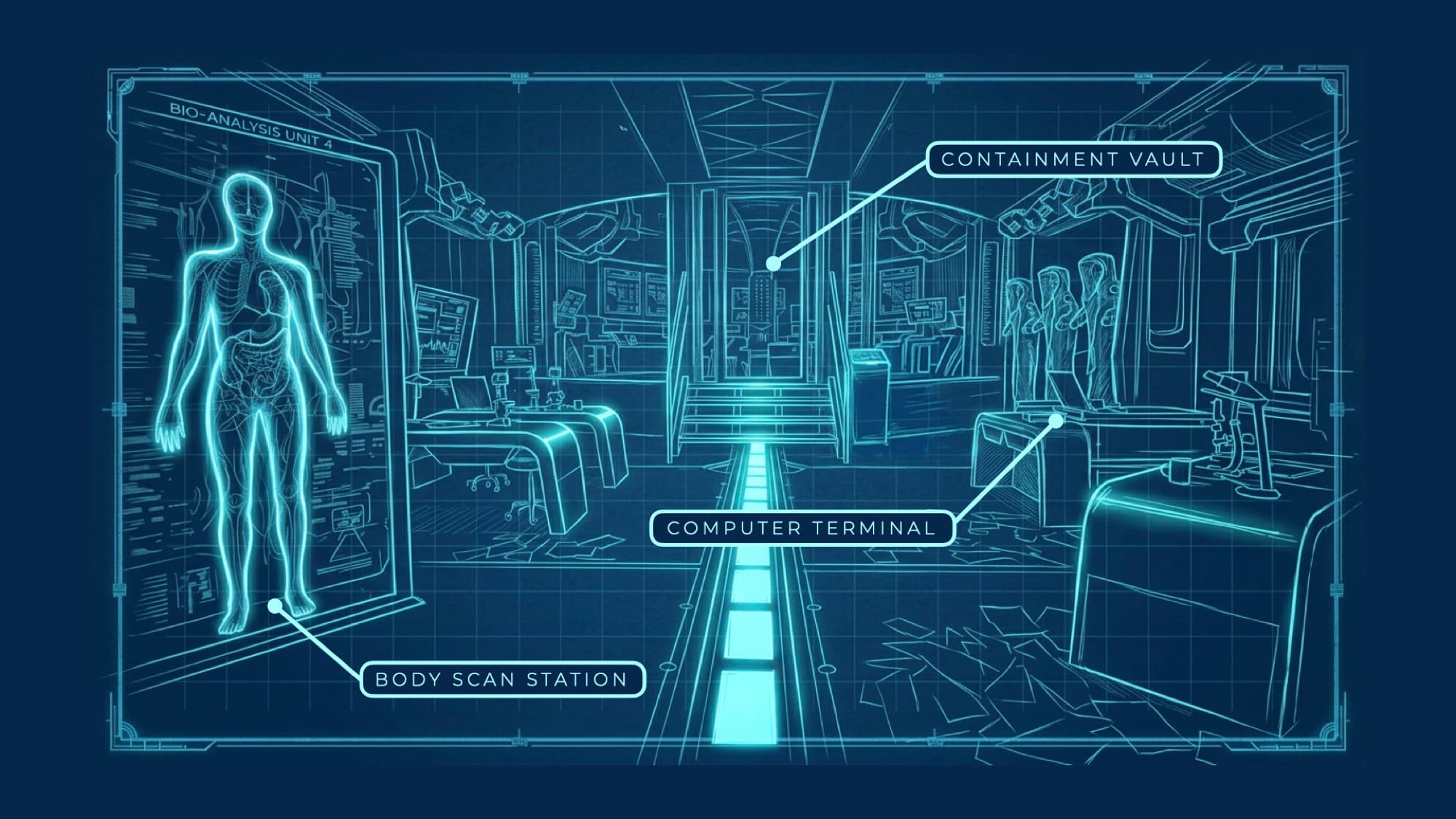 Blueprint of the science lab: an anatomy scan panel labelled Bio-Analysis Unit 4 at left, a central containment chamber, and suited figures at right.