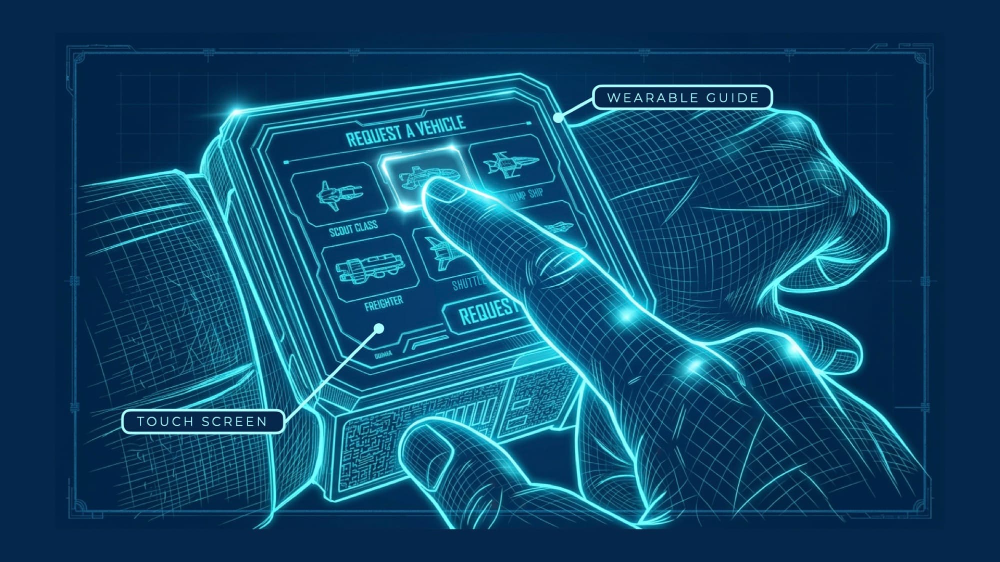 Blueprint of the wearable: a finger selects a ship on a Request a Vehicle screen (Scout Class, Jump Ship, Freighter, Shuttle).