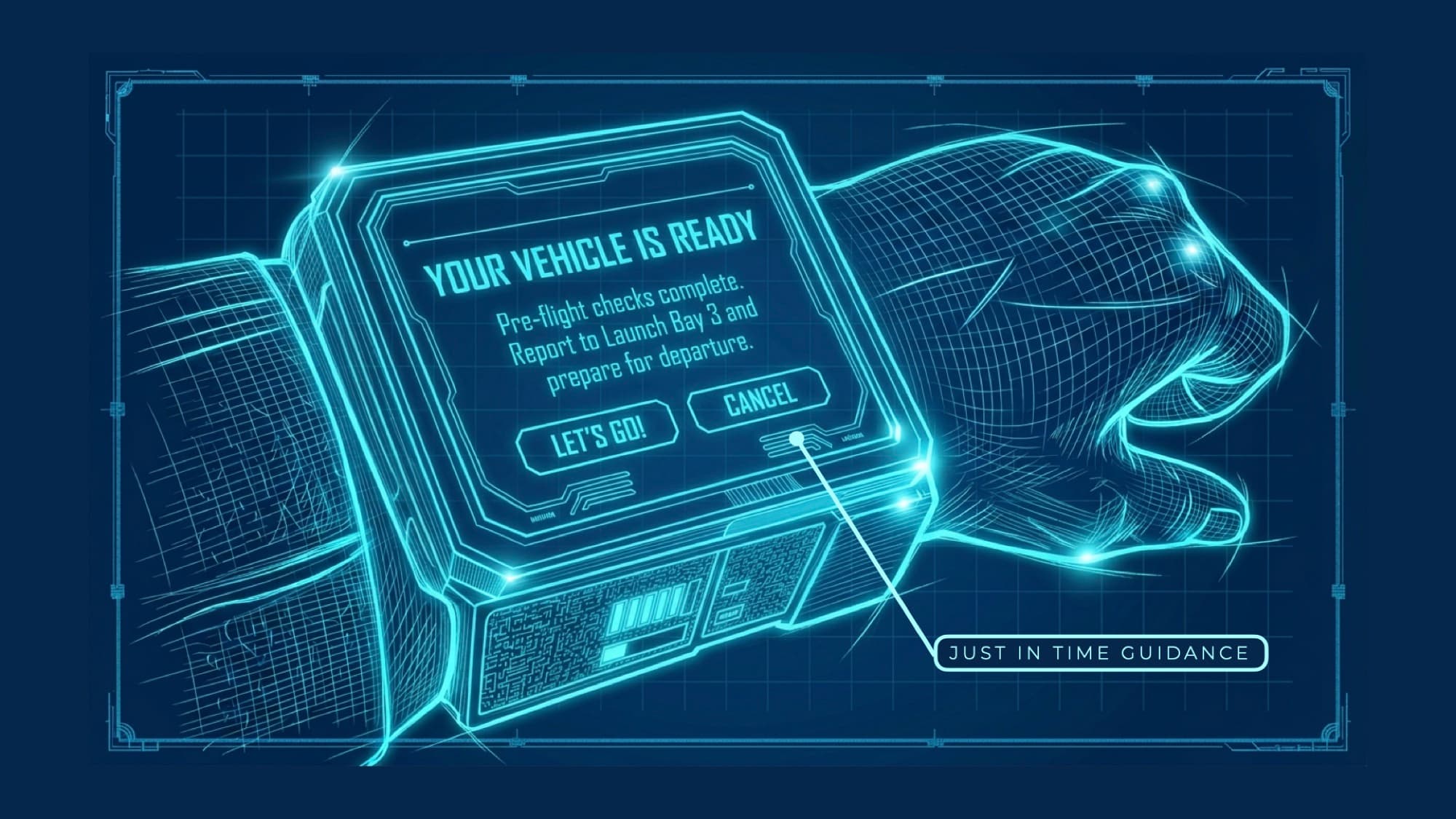 Blueprint of the wearable showing a Your Vehicle Is Ready screen with Let’s Go and Cancel.
