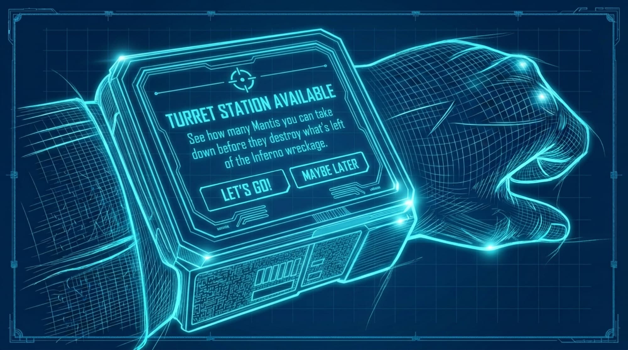 Blueprint of the wearable showing a Turret Station Available prompt with Let’s Go and Maybe Later.