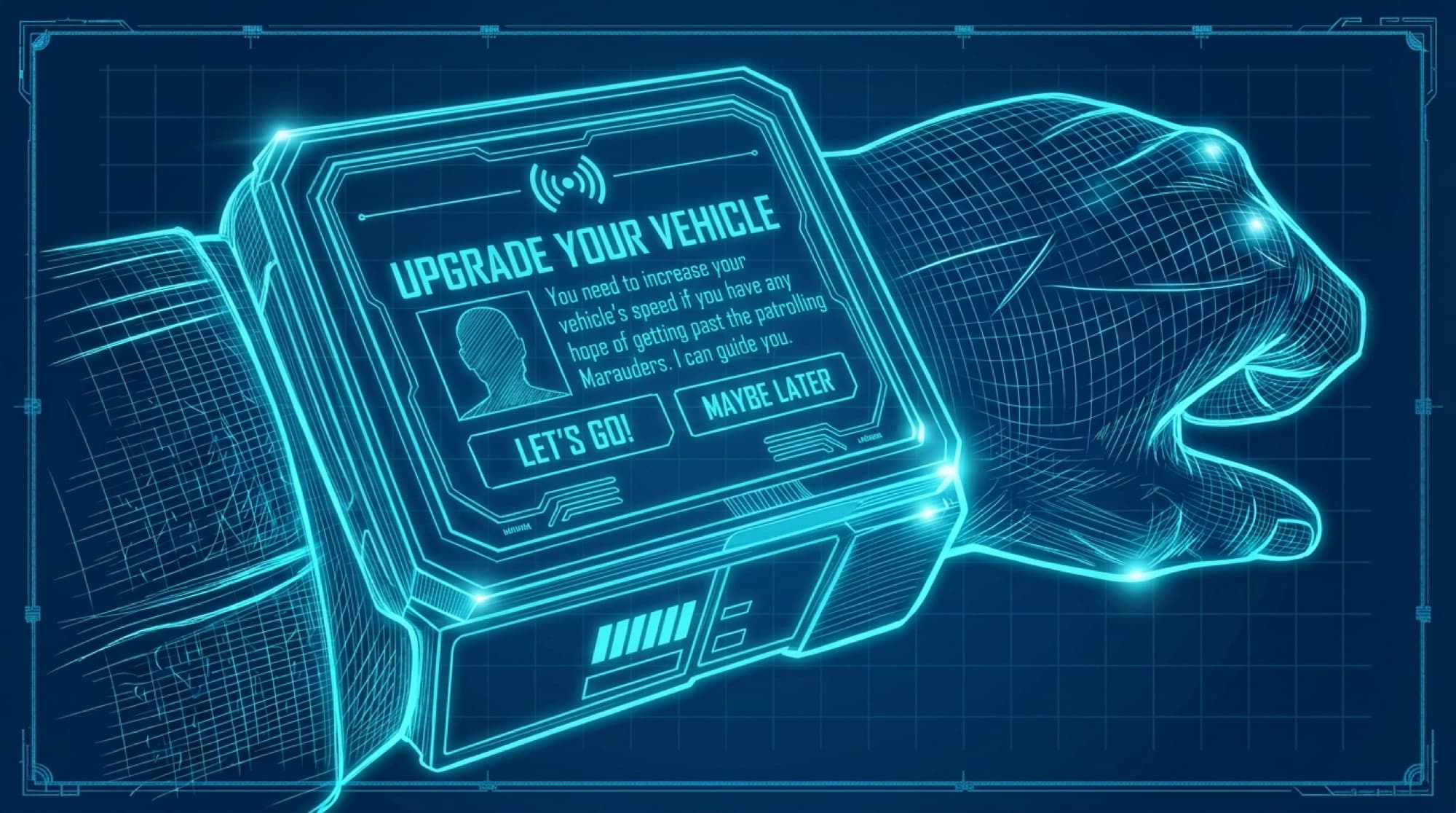 Blueprint of the wearable showing an Upgrade Your Vehicle prompt with Let’s Go and Maybe Later.