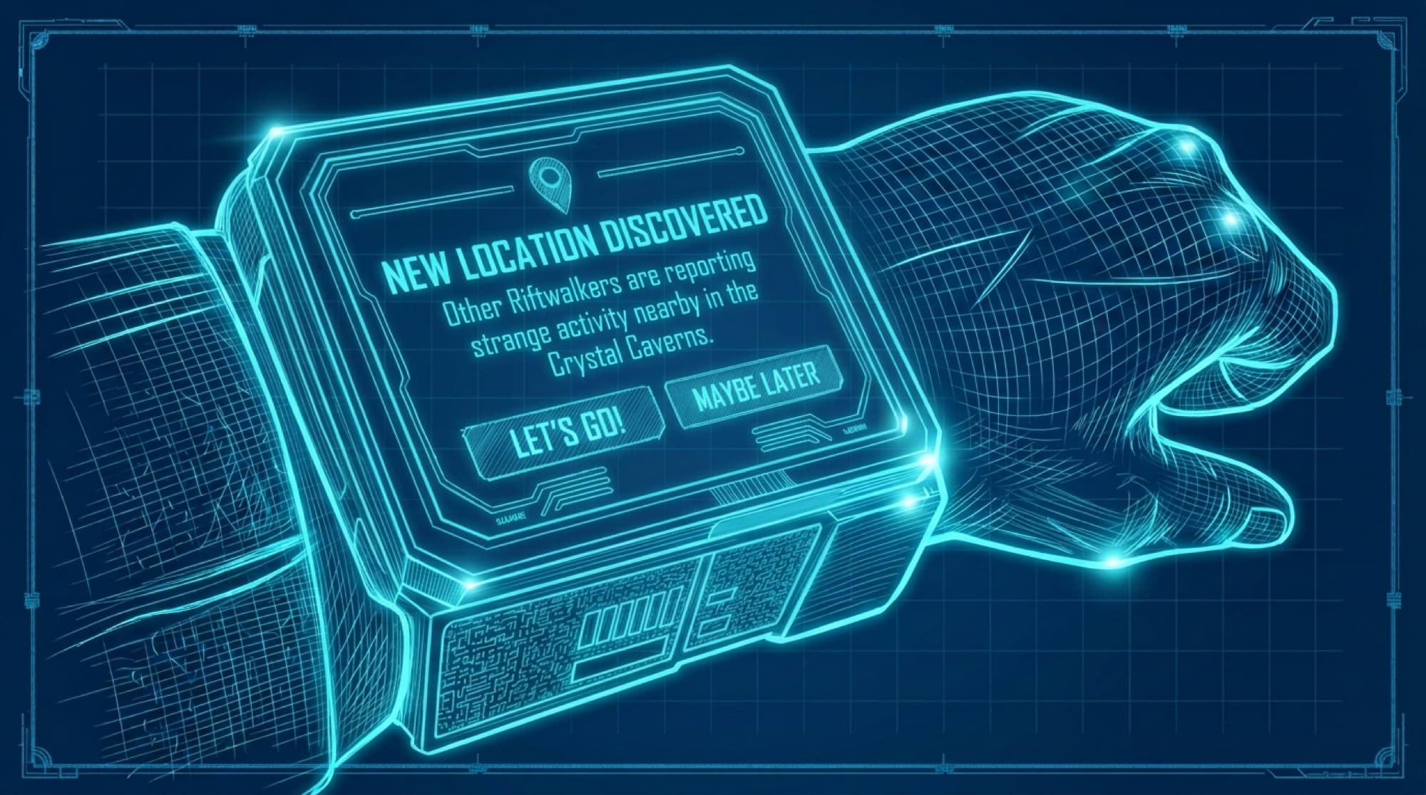 Blueprint of the wearable showing a New Location Discovered prompt with Let’s Go and Maybe Later.