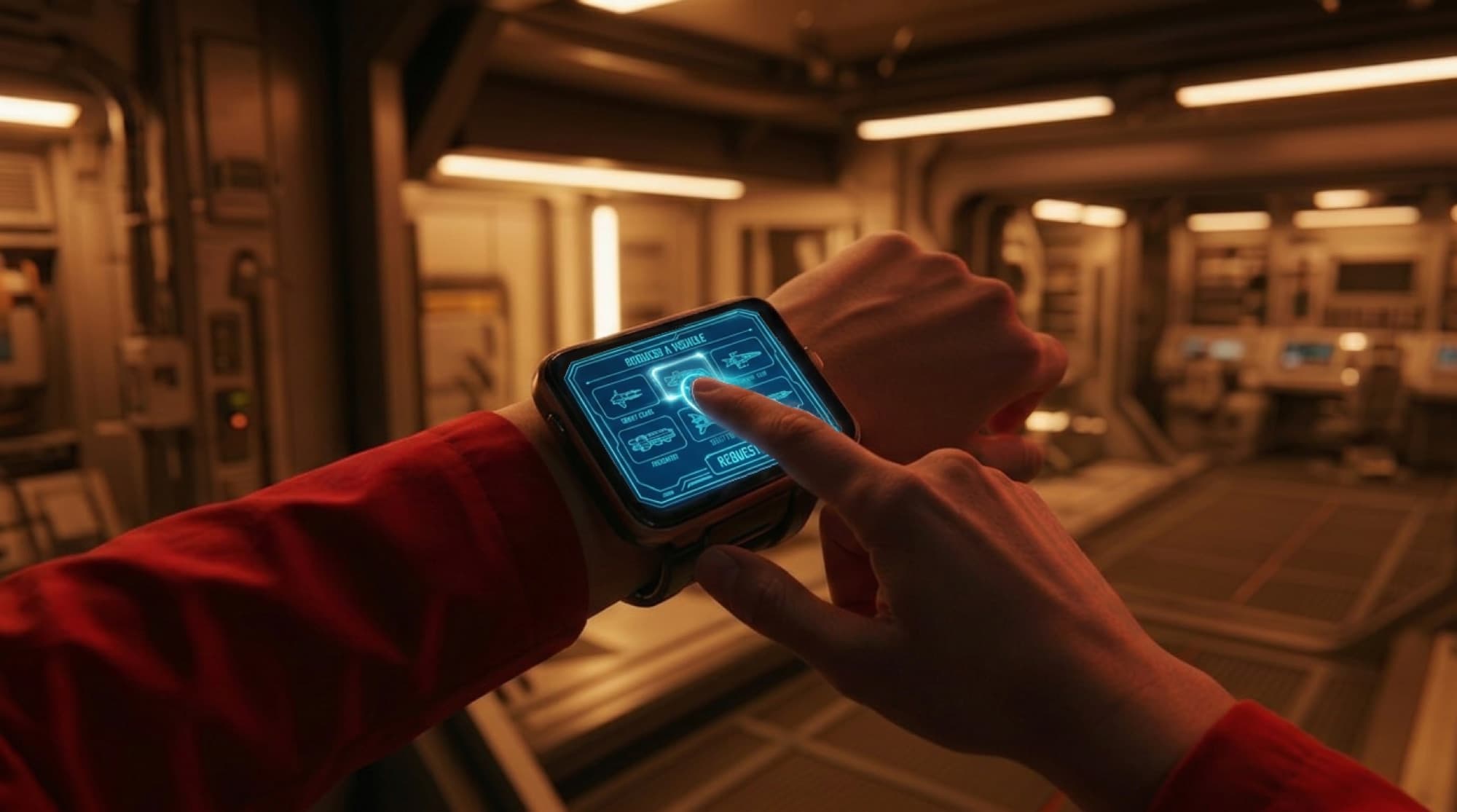 Photoreal wrist wearable: a finger taps a glowing blue vehicle-select screen, a sci-fi corridor behind.