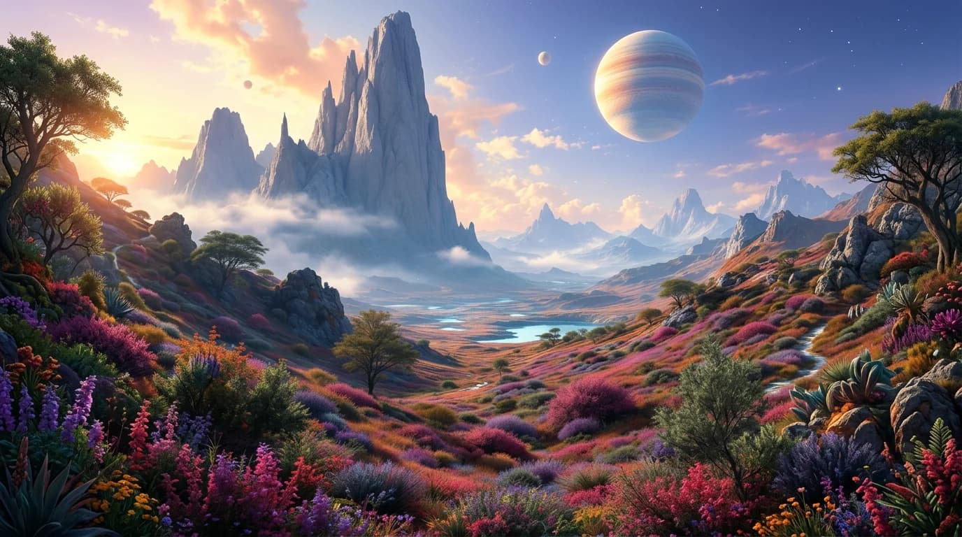 Volaris — chalk-white mountains rising above fields of red grass beneath a ringed planet.